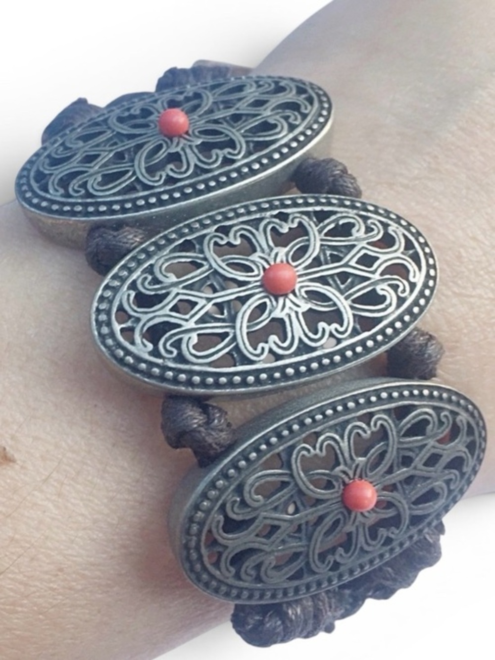 Pewter/Coral Adjustable Bracelet